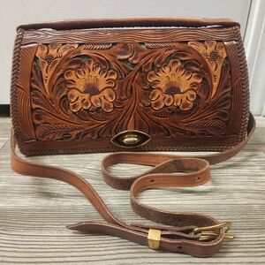 Vintage Hand Tooled Leather Crossbody Purse Floral Design W/ Green Lining